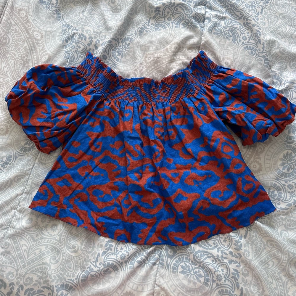 Nine West Blue and Red Smocked Blouse